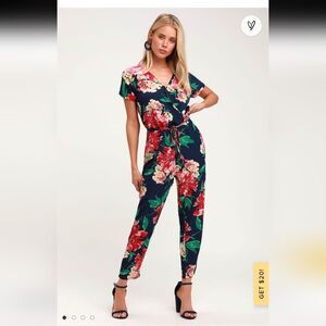 Lulu's "Successful Statice Navy Blue Floral Print Jumpsuit" Size Small
